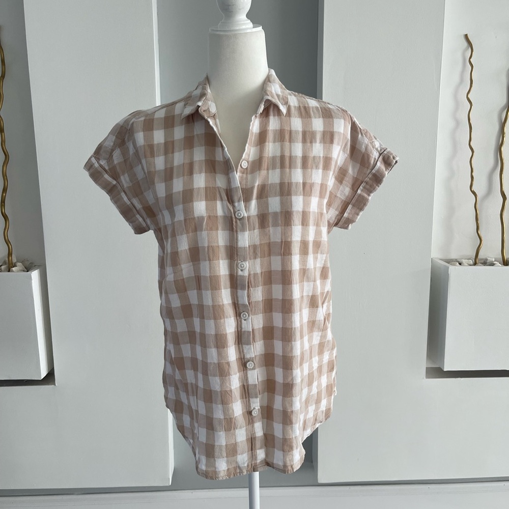 beachlunchlounge Beige and White Gingham Shirt